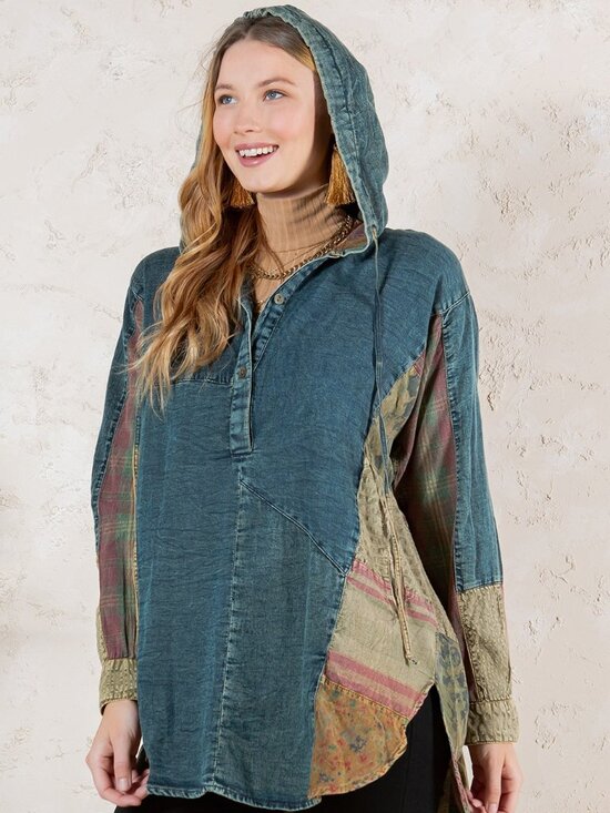 Young Threads Tops - Western Boho Chic: Hooded High Low Patchwork Top